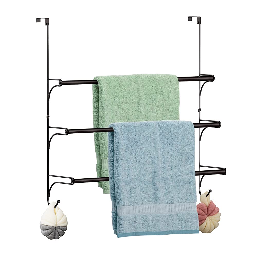 Over the Door Towel Rail - 3 Tier Bathroom Hanging Towel Rack with 2 Hooks - Expandable Towel Ladder for Towelsor Clothing - Bronze