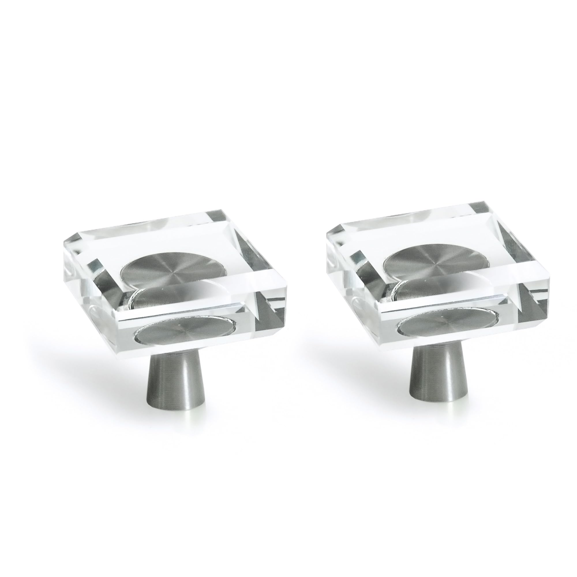 JEREVER 2 Pack Glass Crystal Knobs Brushed Nickel Drawer Pull Cabinet Handle for Dresser Kitchen (Square)
