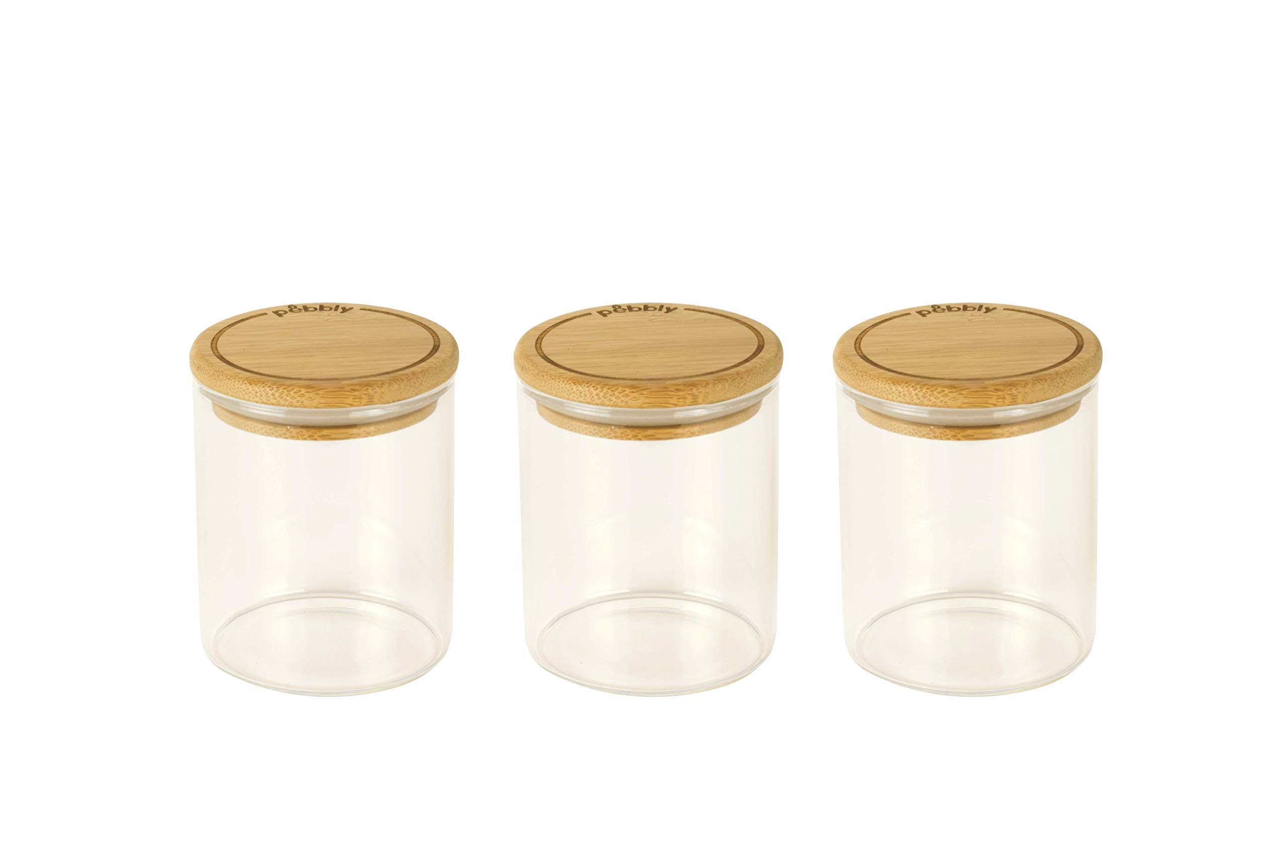 Pebbly Set of 3 Round Glass Containers for Spices and Ingredients 180 ml, Borosilicate Glass, Bamboo, Silicone, Natural, Set of 3 Containers à épices-180 ml