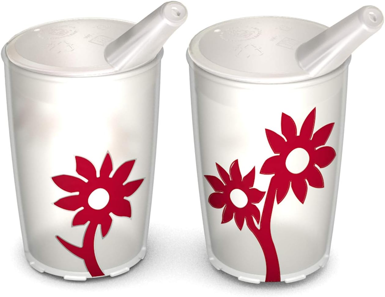 Ornamin Non-Slip Cup with Flower 220 ml Transparent/Red and Spouted Lid Set of 2 (Model 820 + 806) / drinking aid, cup for the care, children's cup