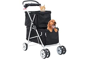 DKELI Double Dog Stroller Pet Stroller Cat Stroller for Small Medium Dogs Cats 2 Doggie Puppy or Two Kitty 4 Wheels Folding Travel Carrier Cage with Cup Holders 35LBS Capacity Pet Jogger Strolling Cart