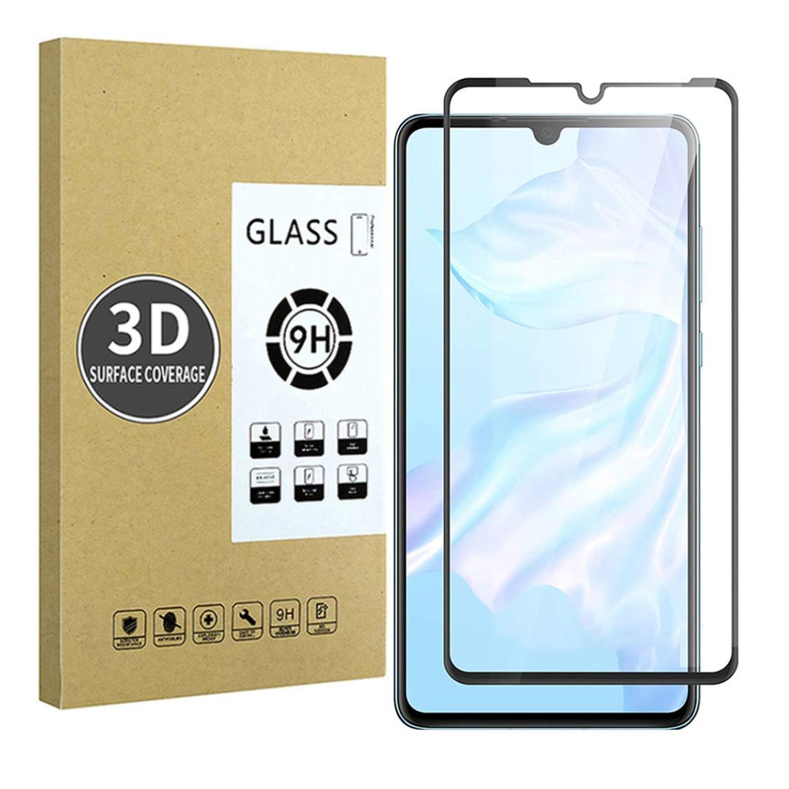 E-Hamii Screen Protector compatible with Huawei P30 [Black],[High Definition][Anti Scratch],3D Tempered Glass,[Sensitive Response][ Bubble-free Installation]