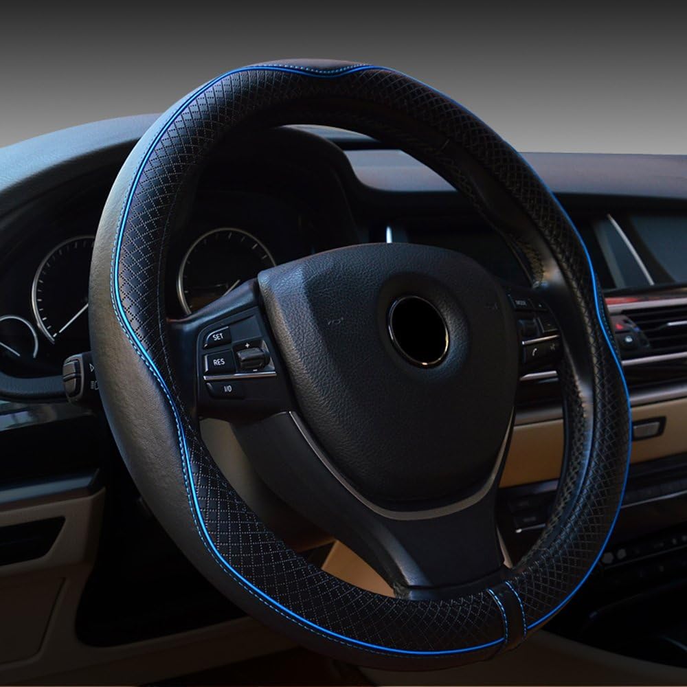 BAUZEIT Universal Car Steering Wheel Cover Genuine Leather 38CM/15'' Heavy Duty Elegant Anti-Slip Non-Toxic -Black & Blue Line