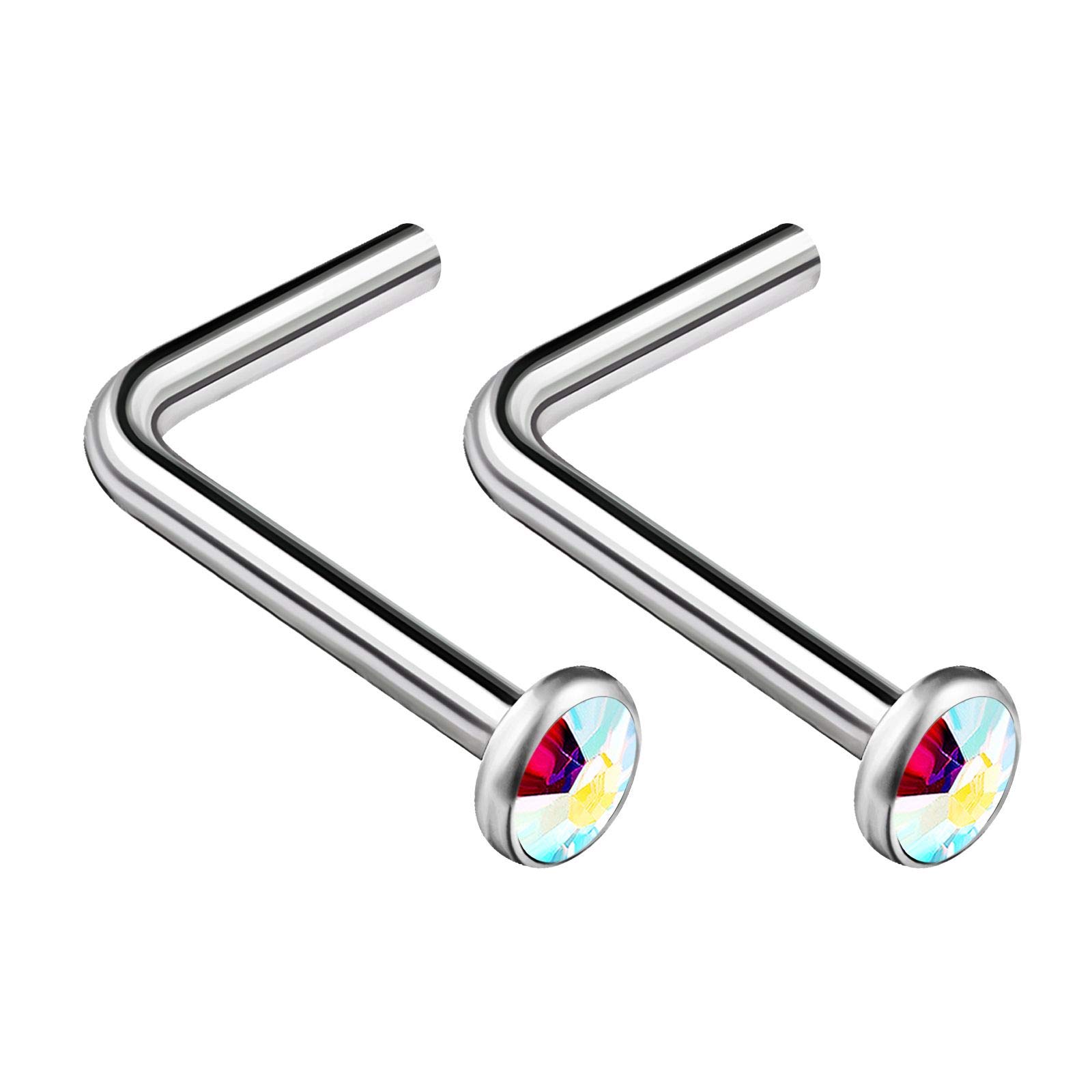 KJM FASHION 2PCS Surgical Steel L Shaped Nose Ring 18g 1mm 7mm Flesh Nostril Screw Aurora Borealis Crystal Stud Piercing Jewellery 1285