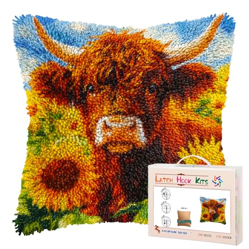 Generic DIY Latch Hook Pillow Kits - Cute Brown Highland Cow & Sunflowers Printed Pillowcase - Crochet Yarns & Hook - 17x17inch - For Adults