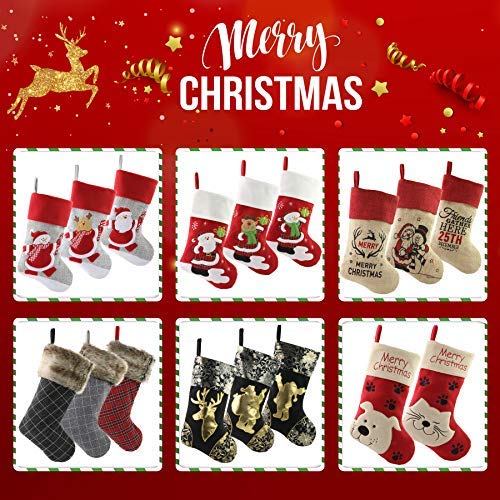 WEWILL 18’’ Classic Red Christmas Stockings Set of 3 Embroidered Snowman Reindeer Santa Claus Play Snow Christmas Stocking Kit with Gifts Bag Home Holiday Decoration - Thumbnail 7