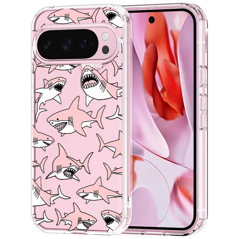 MOSNOVO Case for Google Pixel 9 Pro XL, [Buffertech 6.6ft Military-Grade Drop Protection] [Anti Peel Off Tech] Clear TPU Bumper Phone Case Cover Design - Pink Sharks
