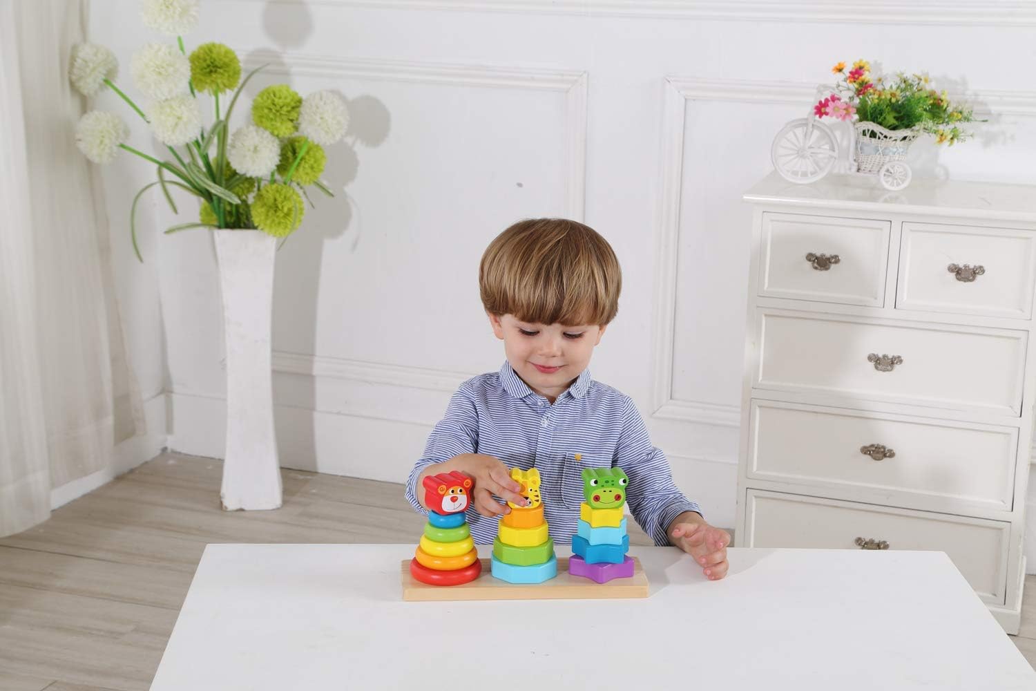 Wooden Toys Wooden Stacking Toys – Baby Stacking Toys – Stacking Rings with Lion, Dog and Frog Head – Designed for Cognitive and Fine Motor Skills Development – Classic Stacker for 2 Year Olds - Image 3
