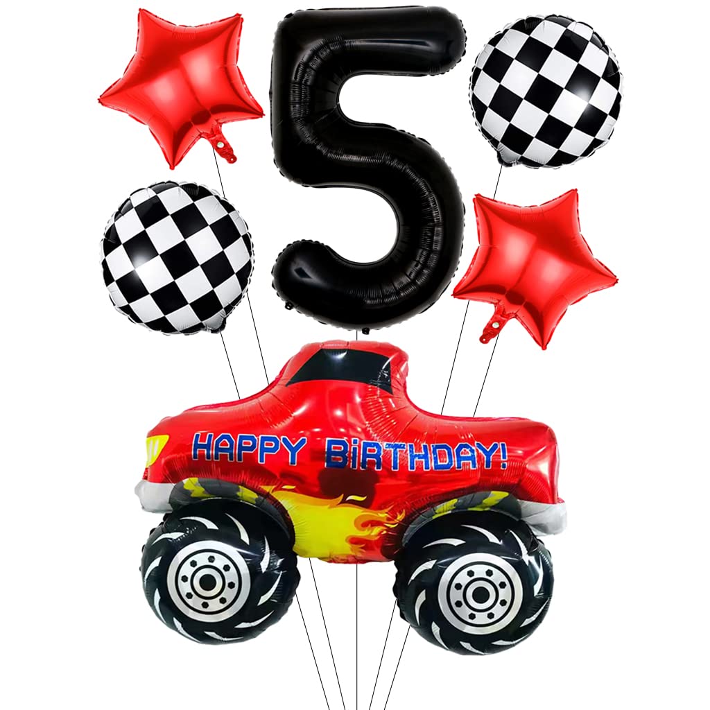 Liitata Giant Race Car Balloons - 5th Birthday Truck Decor Black Foil Balloons with Checkered Flag and Star for Boy's Party