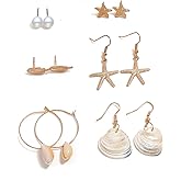 6 Pairs Summer Earrings for Women Bohemian Shells Starfish Conch Pearl Gold Drop Earrings Beach Earrings Set Summer Jewelry Gifts