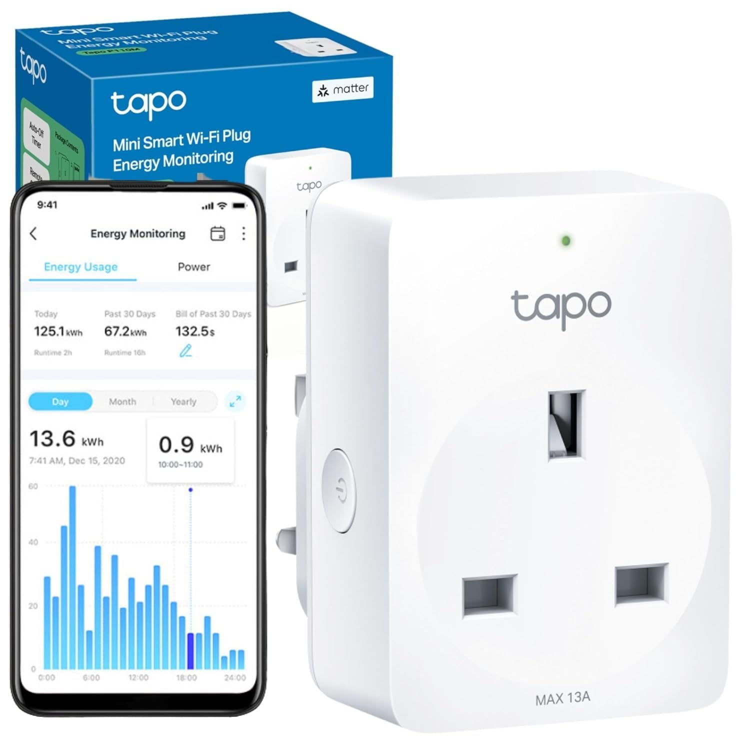Tapo P110MA Smart Plug, Matter Certified Energy Monitoring, Alexa plug, Smart Home, Voice Control, Remote Control, Works with Alexa, Compact Size, Schedule, Auto-Off Timer, All-Round Compatibility