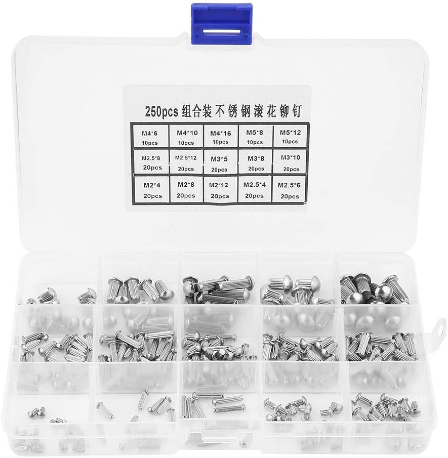 250pcs M2-M5 Stainless Steel Rivets Round Head Rivet Knurled Shank Rivet Nuts Solid Rivets Assortment Set