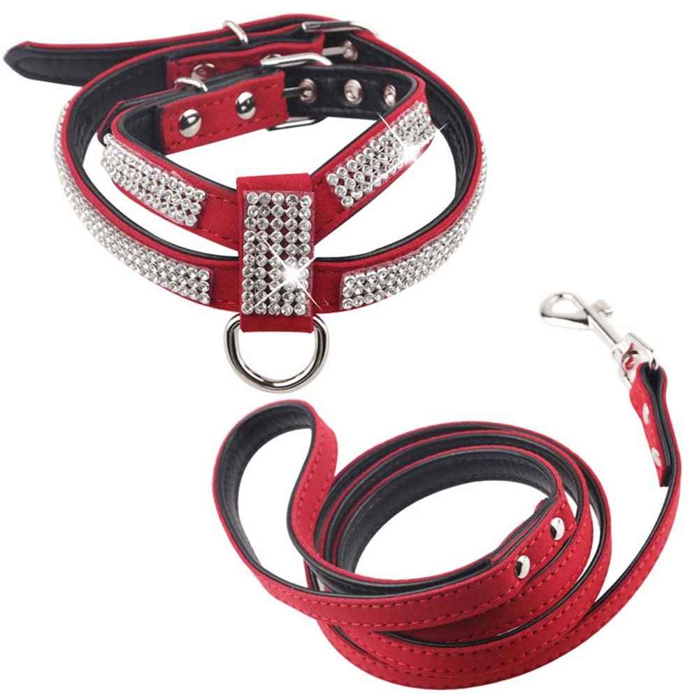 Dogs Kingdom Full Rhinestone Crystal Pet Dog Harness Leash Set Customized Rhinestone Puppy Small Dog Chihuahua Harness Leash 2Pcs Red M