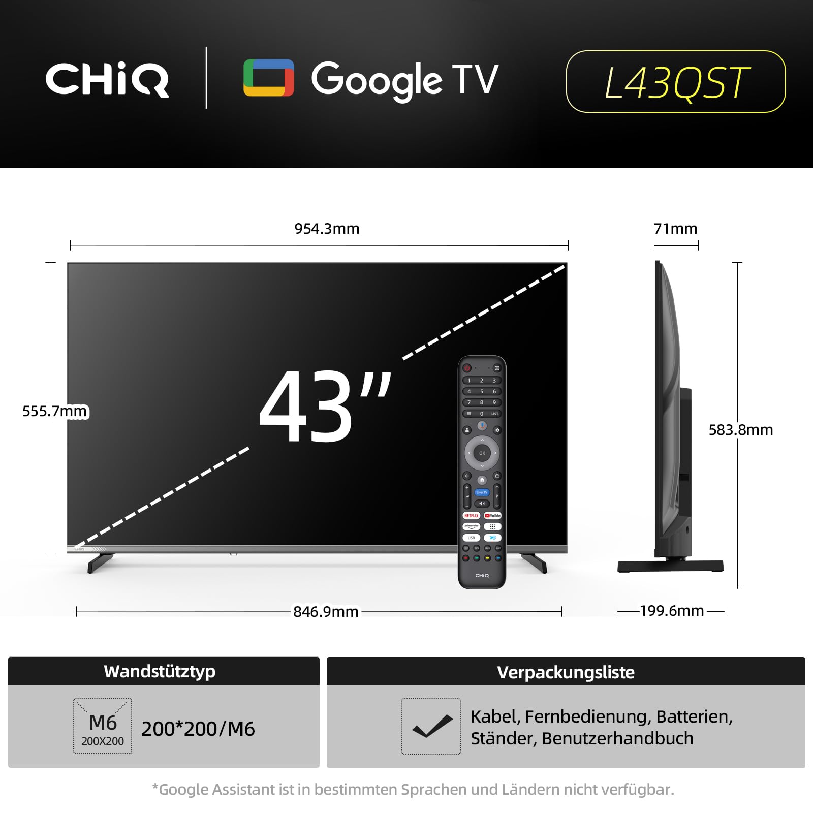 CHIQ 43 Zoll (108cm) Smart TV, Full HD QLED Google TV mit WLAN, Google Assistant, Bluetooth, 90% DCI-P3, HLG&HDR10, Triple Tuner (DVB-C/-S2/-T2), App Store, Prime Video, Dolby Audio, HDMI, CI+, L43QST 2