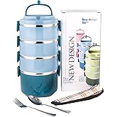 SANQIAHOME 4 Tier Stackable Stainless Steel Lunch Box Sealed(blue, 4 layers) with spoon and fork