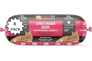 CountryPet Naturals New Zealand Lamb & Chicken Frozen Fresh Cat Food, 91% Grass-Fed Meat, High Protein, Gently Cooked, Grain-Free, Omega-3s, 8 Rolls (12 lb Case)