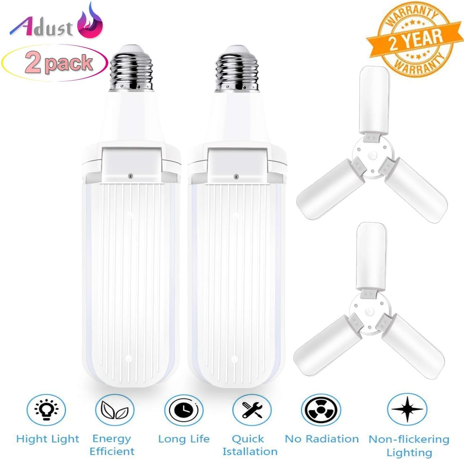 (2 Pack) Adust Garage Light Deformable 45W,E26/E27 led Garage Ceiling Lights,Triple Glow 4500lm,Super Bright led Bulbs Light Working Light for Warehouse, Workplace, Basement, Garage,Utility Shop Light