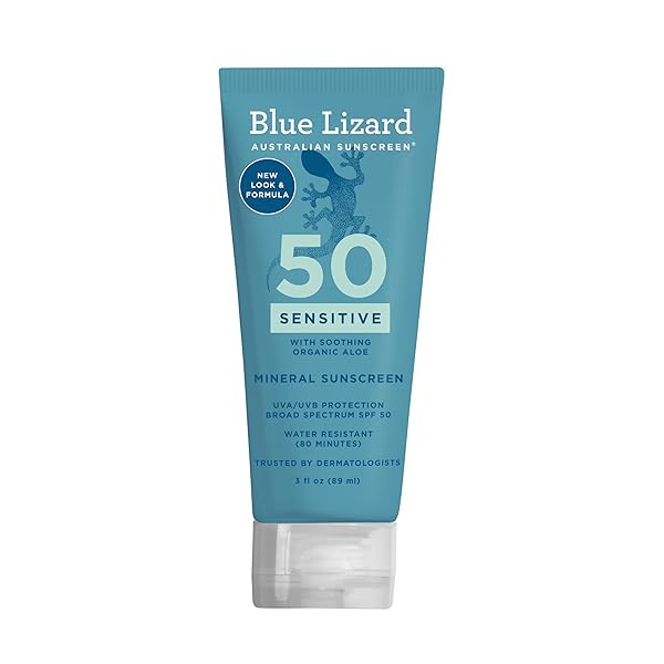 BLUE LIZARD SENSITIVE MINERAL SUNSCREEN WITH ZINC OXIDE, SPF 50+, WATER RESISTANT, UVA/UVB PROTECTION WITH SMART CAP TECHNOLOGY – FRAGRANCE FREE, 3 OZ. TUBE