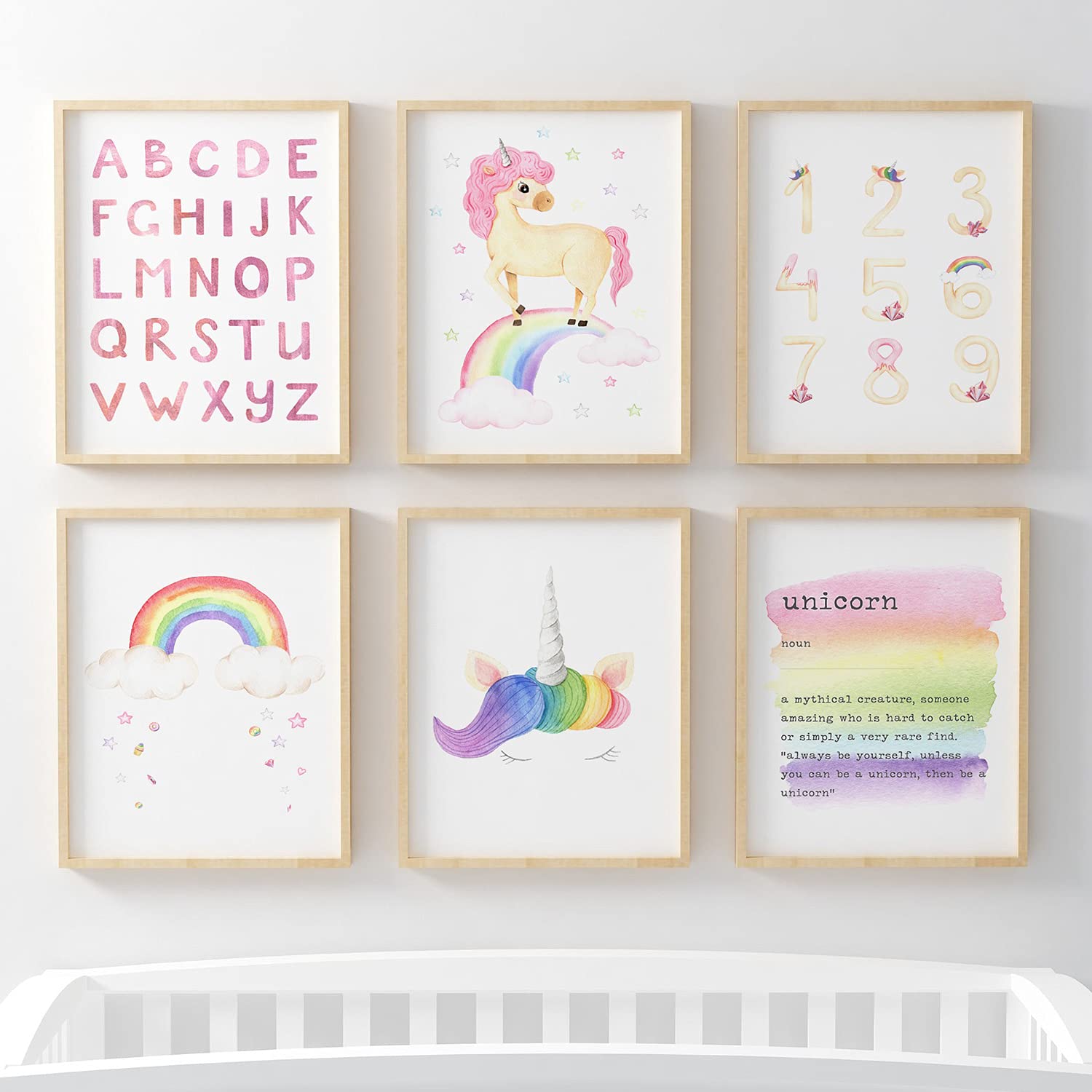 Pompom Prints® Watercolour Unicorn Children's Nursery Bedroom Wall Art Picture Prints Alphabet Number Learning Poster for Toddler Girl. Set of 6 [Picture Frames NOT Included] (A4)