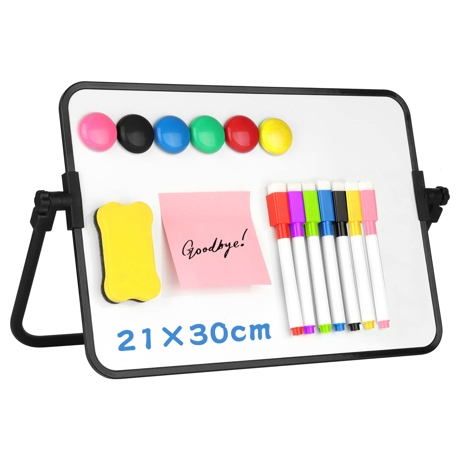 Dry Erase Whiteboard with Stand, A4 Double Sided White Board with 7 Dry Erase Pens, 6 Magnets, Eraser, 30×21 cm Small Portable Magnetic Whiteboard for Desk Office Kitchen