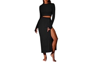 Pink Queen Women's 2 Piece Sweater Outfits Set Long Sleeve Crop Top Ribbed Split Bodycon Midi Long Skirt Knit Dresses