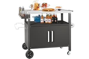 Kendane Grill Cart Table with Big Storage Cabinet, Movable Outdoor Dining Cart Pizza Oven Stand, Kitchen Cart Island Multifunction Food Prep Table Stainless Steel Surface