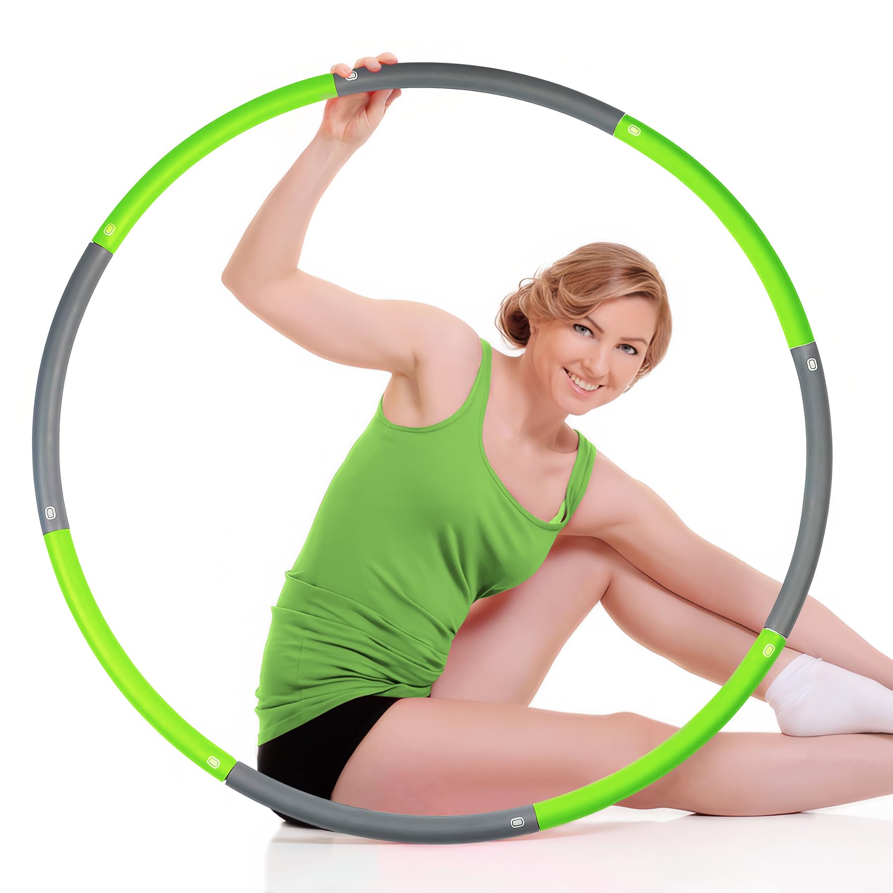 ROMIX Weighted Hula Hoop for Adults, Soft Foam Padded Circle 1 kg 2.2lbs Fitness Hula Hoops With 8 Section Detachable Adjustable Weight Loss Hula Hoop, Party Sport Games - Lime