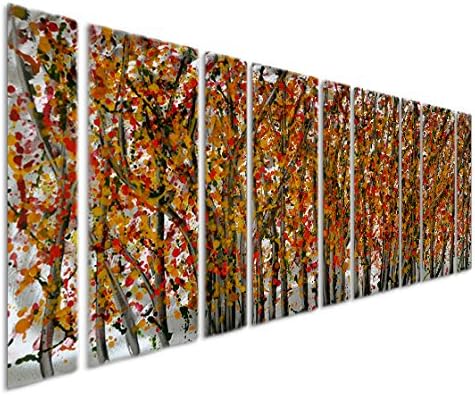Pure Art Firelight Trees and Birches - Large Forest Metal Wall Art of 86" x 32" - Decorative Set of 9