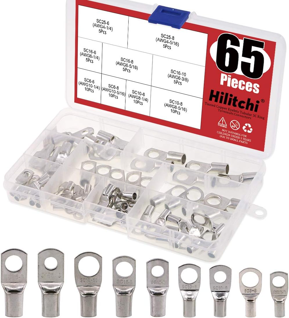 Hilitchi 65 Pcs UL Listed Heavy Duty Wire Lugs Battery Cable Ends Eyelets Tubular Ring Terminal Connectors (AWG4, AWG6, AWG10) : Sports & Outdoors