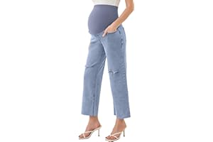 PACBREEZE Women's Maternity Jeans Straight Leg Cuffed Hem Comfy Stretchy Over Belly Denim Pregnancy Pants, S-XXL