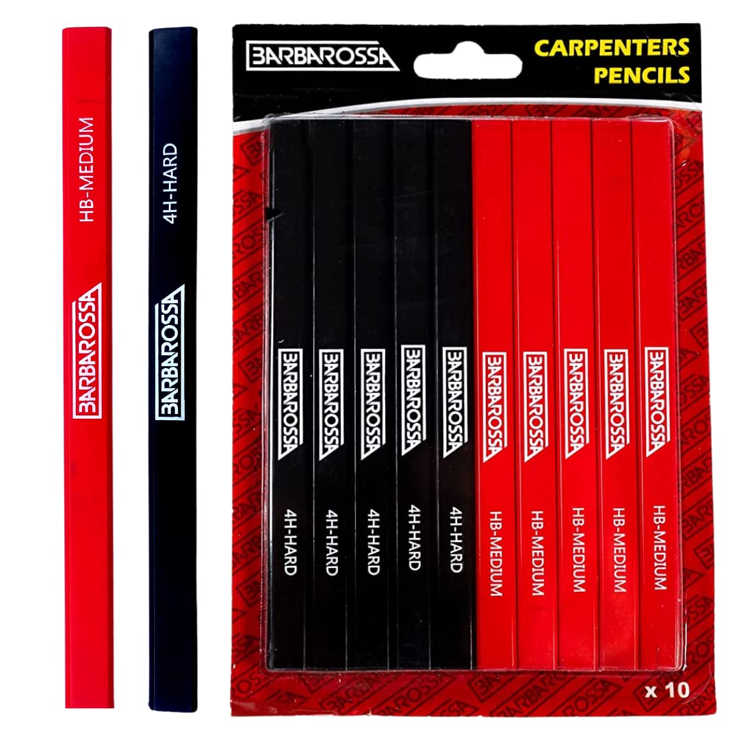 Barbarossa 10 x Octagonal shape pencils | Medium Hard Graphite Lead Natural Wood, 4H, HB lead type Flat pencil sharpened | Carpenters Pencil for Builders and Woodwork (4H - Hard - Black - Pack of 10)