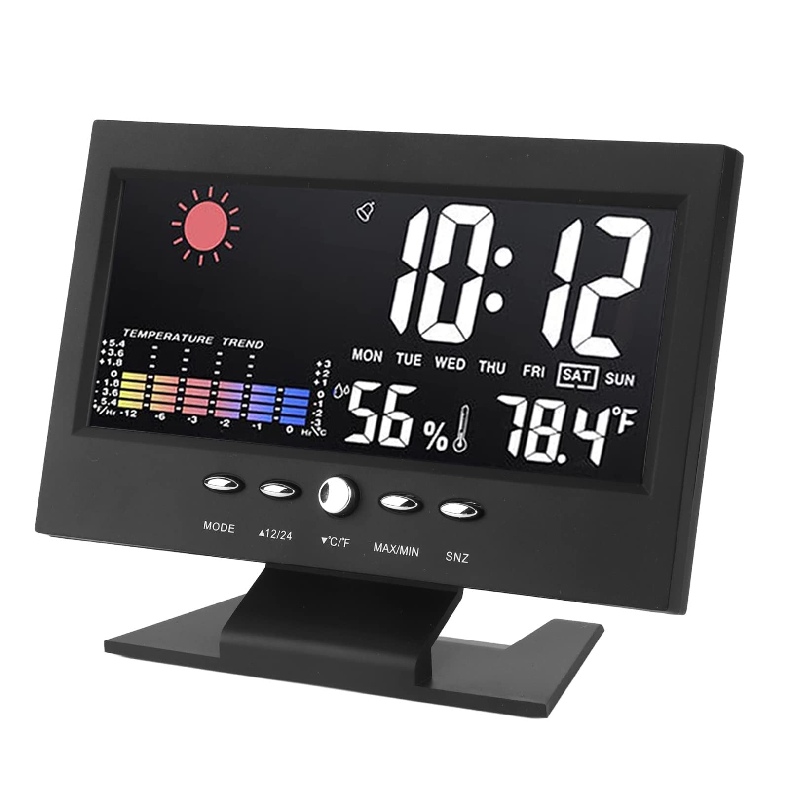 Weather Station Indoor Outdoor Thermometer, LED Color Display Digital Weather Thermometer with Atomic Clock, Forecast Clock Multifunctional Temperature Humidity Alarm Black