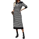 Sumleno Womens Striped Sweater Dress Crew Neck Long Sleeve Slim Fit Knit Midi Maxi Dress Trendy Fall Winter Long Dress