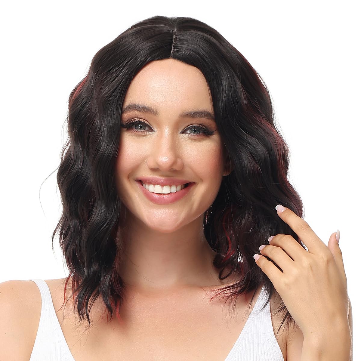 Yamel Wavy Bob Wig Natural Wig Lowlight Synthetic Hair Shoulder Length Short 14 Inch Curly Middle Part Lace Front Wigs for Women — image 1