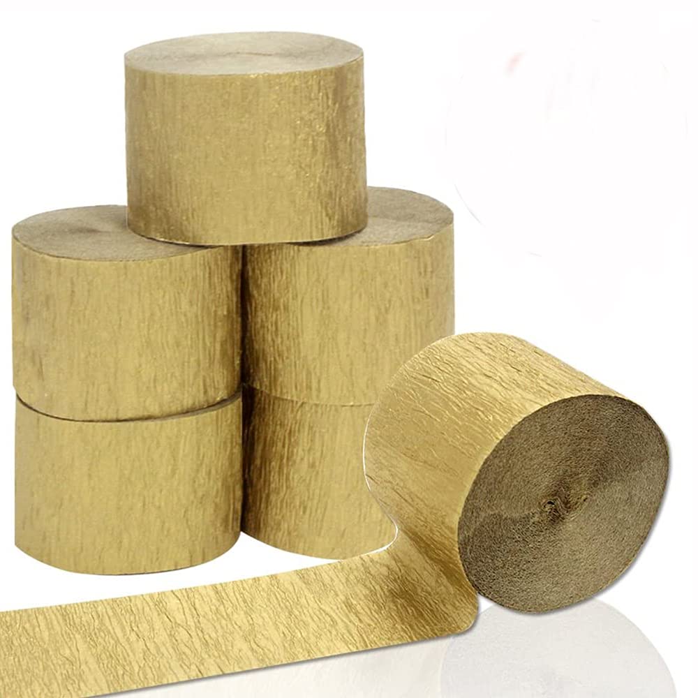 ANCLLO 6 Rolls 4.5cm x 25m Crepe Paper Party Streamers, Streamers Backdrop Hanging Decorations for Birthday Party, Wedding and Festival Decorations, Gold