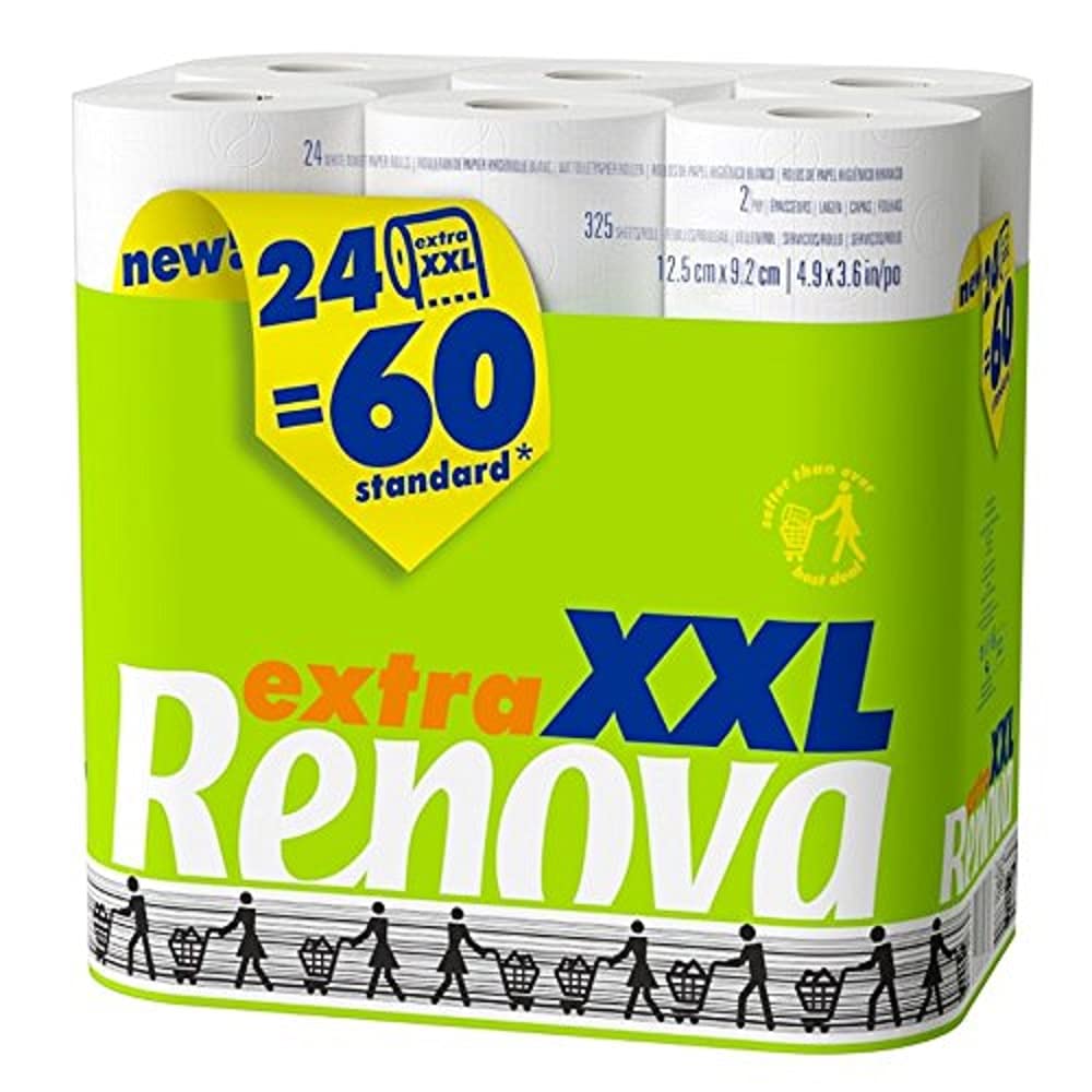 Renova XXL Toilet Paper – Ultra Soft & Absorbent 2-Ply Quilted Tissue – 24 Rolls Equivalent to 60 Standard Rolls, 325 Sheets Per Roll, Dermatologically Tested