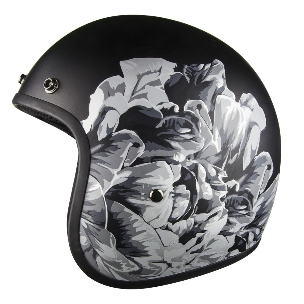 Voss 501 Womens Bobber Open Face Retro Helmet Low Profile Lightweight - Matte Black Flora