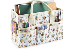 E-WEICHEN Craft Organizer Tote Bag Art Storage Caddy with Multiple Pockets Storage Containers for Art,Craft,and Office Supplies Storage White Bee