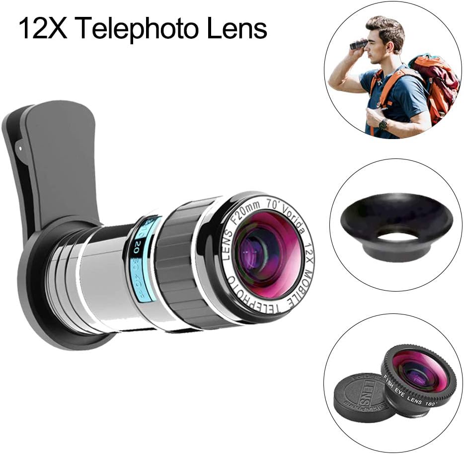 Vorida Phone Camera Lens Cell Phone Camera Lens 2-in-1 Kit 12X Telephoto Lens + 180°Fisheye Lens Compatible for iPhone Xs Max X/8/7/6 Samsung Google etc.