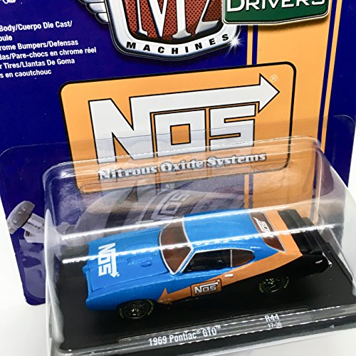 M2 Machines 1969 Pontiac GTO (NOS Nitrous Oxide Systems) Blue/with Orange & Black Auto-Drivers Release 44 - Castline 2017 Special Edition 1:64 Scale Die-Cast Vehicle (R44 17-36)