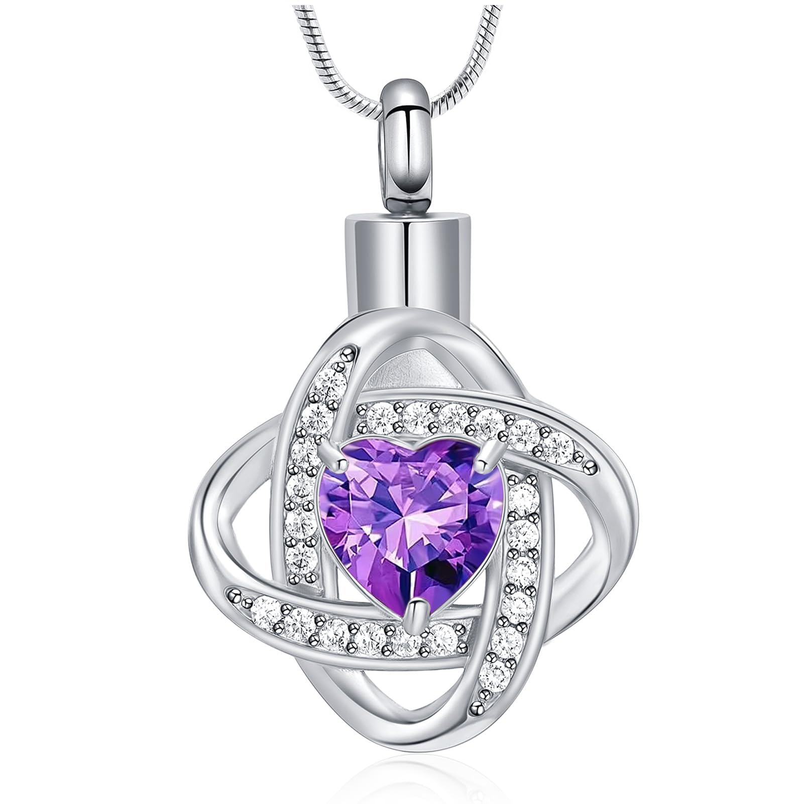 Love Knot Birthstone Urn Necklaces for Ashes Cremation Jewelry Urns Pendant for Human Ashes Memorial Keepsake Jewelry for Loved One (Silver-purple)