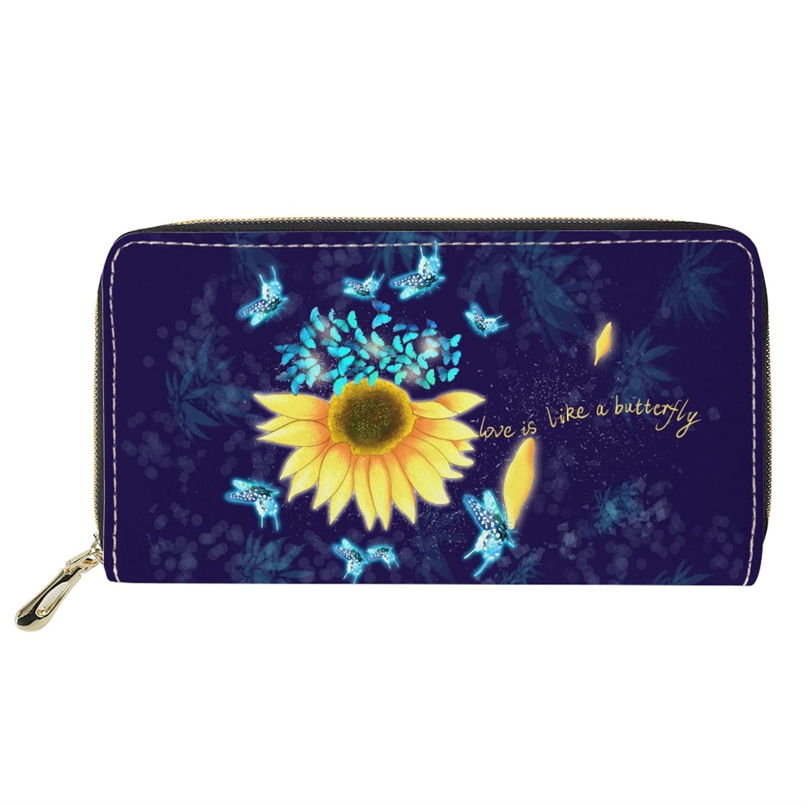 Dolyues Women Wallet, Sunflower Butterfly Print Purse with Cell Phone Bag Coin Cash Pocket, Pu Leather Long Slim Purse for Women Business