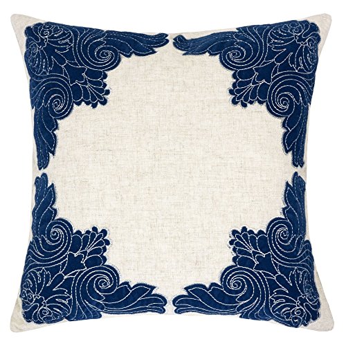 Homey Cozy Applique Linen Throw Pillow Cover, Sapphire Blue Floral Decorative Square Couch Cushion Pillow Case 20 x 20 Inch, Cover Only