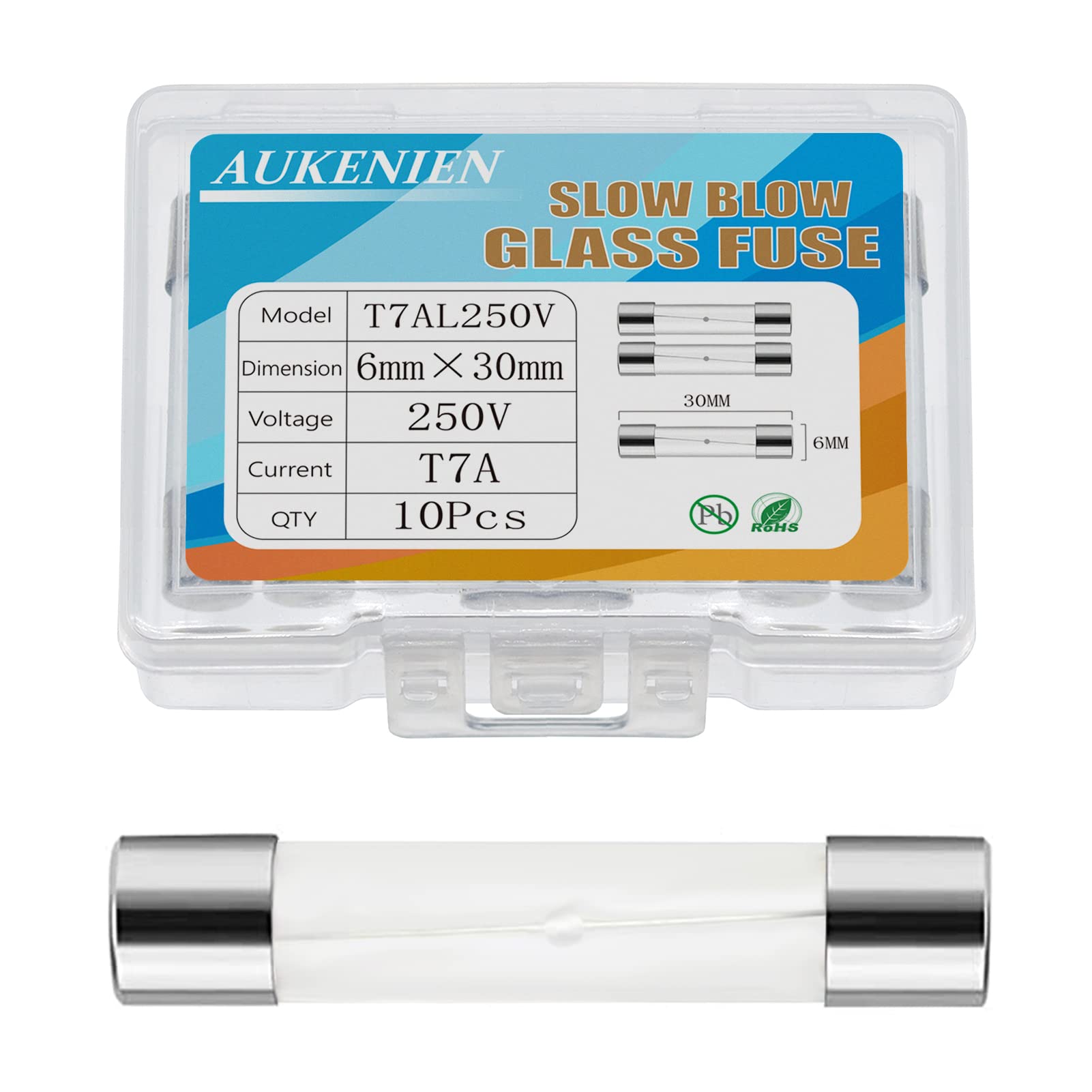 AUKENIEN T 7A 250V Slow Blow Glass Fuses T7AL T7AL250V 6x30 MM 7 Amp 250 Volt Cartridge Tube Time Delay Fuse, Multiple Values of Glass Fuse Optional (Pack of 10)