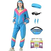 Coseaon 80s Tracksuit for Women Retro Windbreaker Outfit 90s Color Block Sportswear Set with Jacket Sweatpants