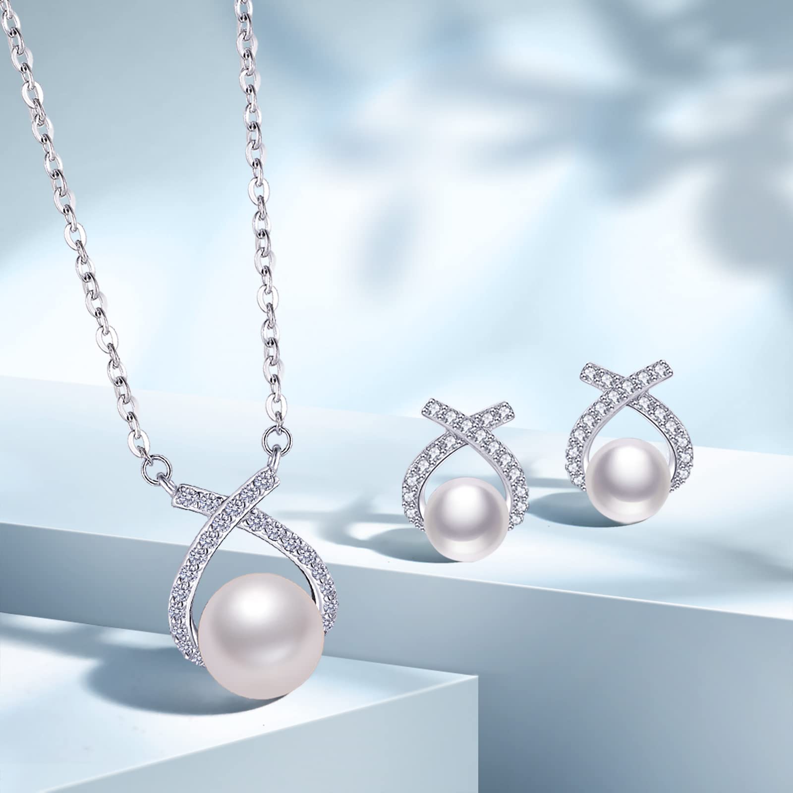Free bird Necklace and Earrings Set, Women's Cross Pendant, Pearl Earrings Set, 925 Silver, Hypoallergenic, For Women, Birthday, Anniversary, Graduation, New Year, Christmas Gift (Watch the Video)