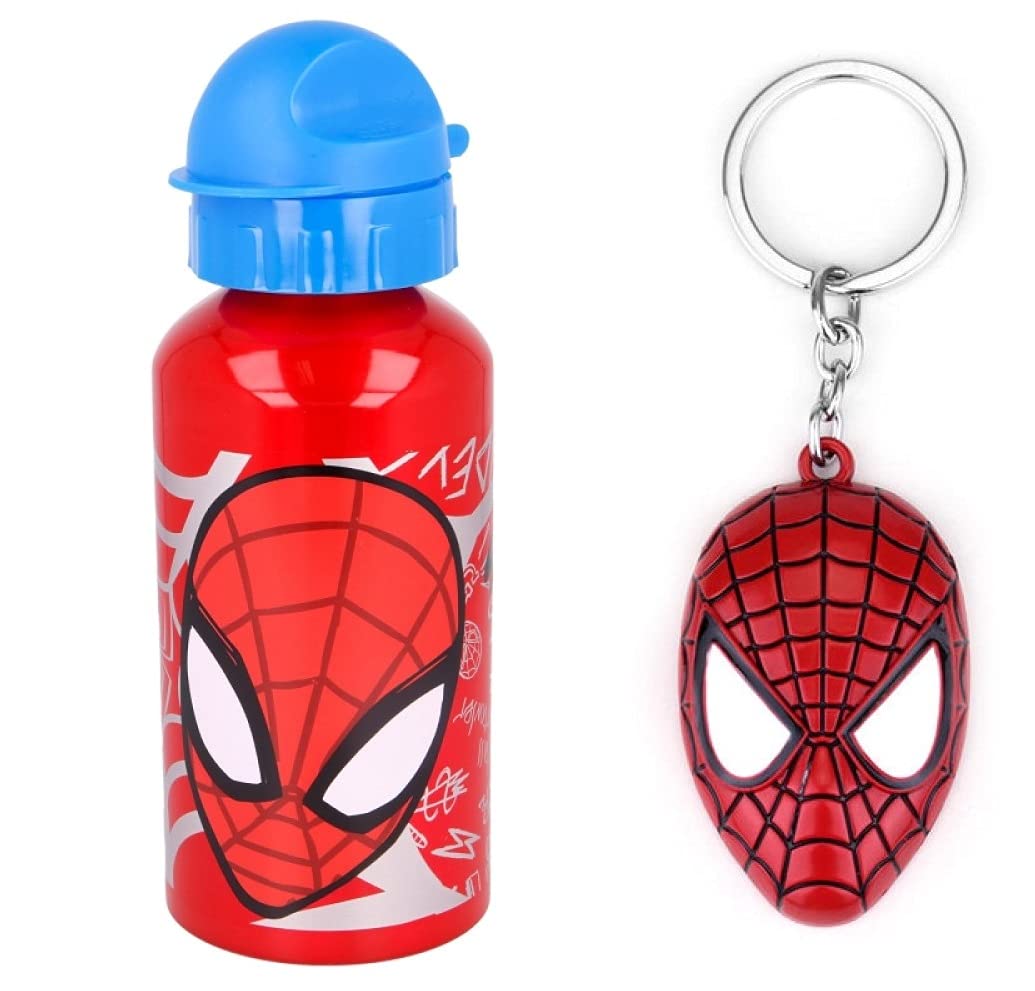 Official Spiderman Graffiti Aluminium Sports Bottle 500ml - Holiday, Back to School Water Drinking Kids Lunch Children Includes Spiderman Keyring