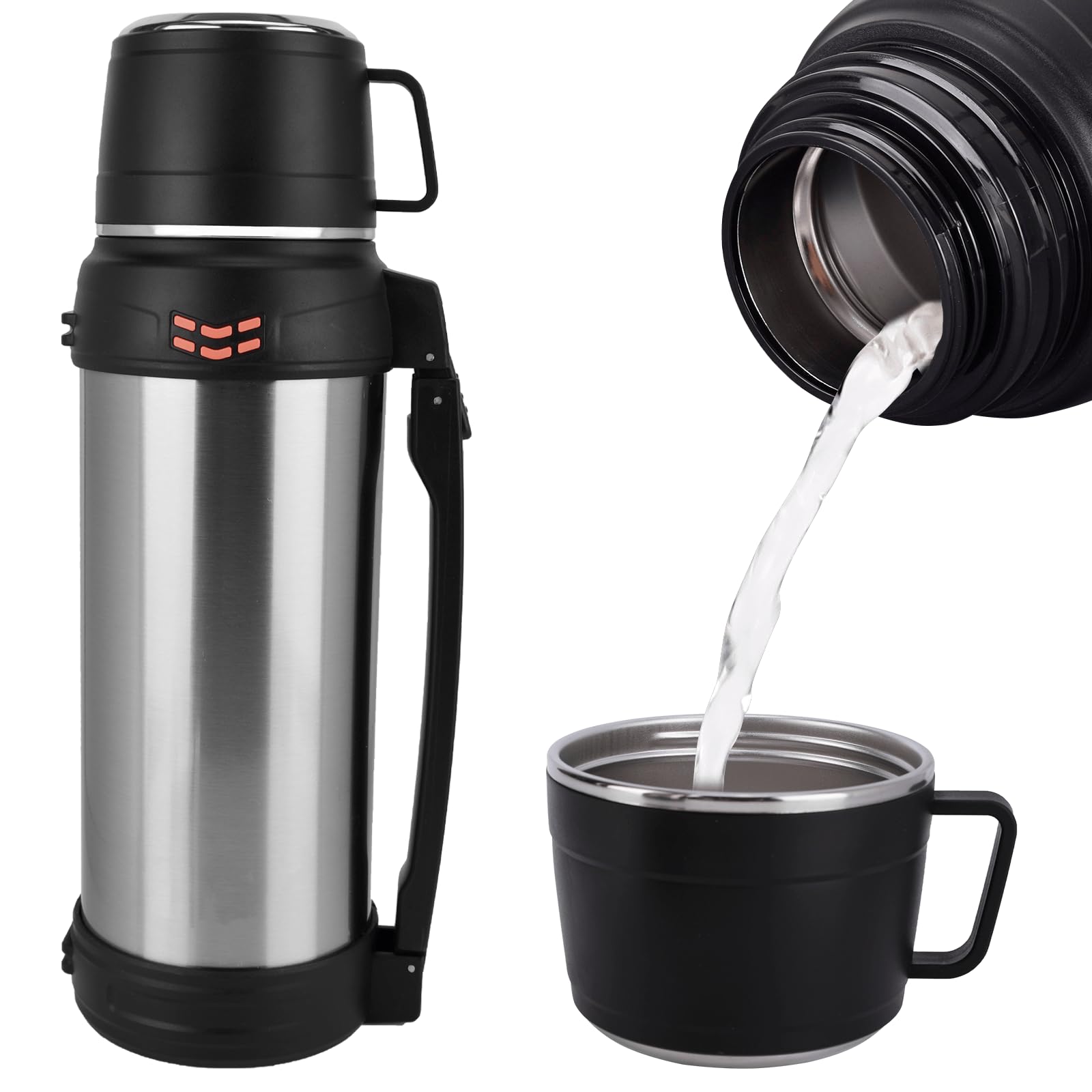 Flask for Hot Drinks, 2L Stainless Steel Vacuum Insulated Bottle, Large Capacity Leakproof Thermal Flask with Handle, Keeps Drinks Hot & Cold for 48 Hours, for Outdoor Travel Hiking Camping