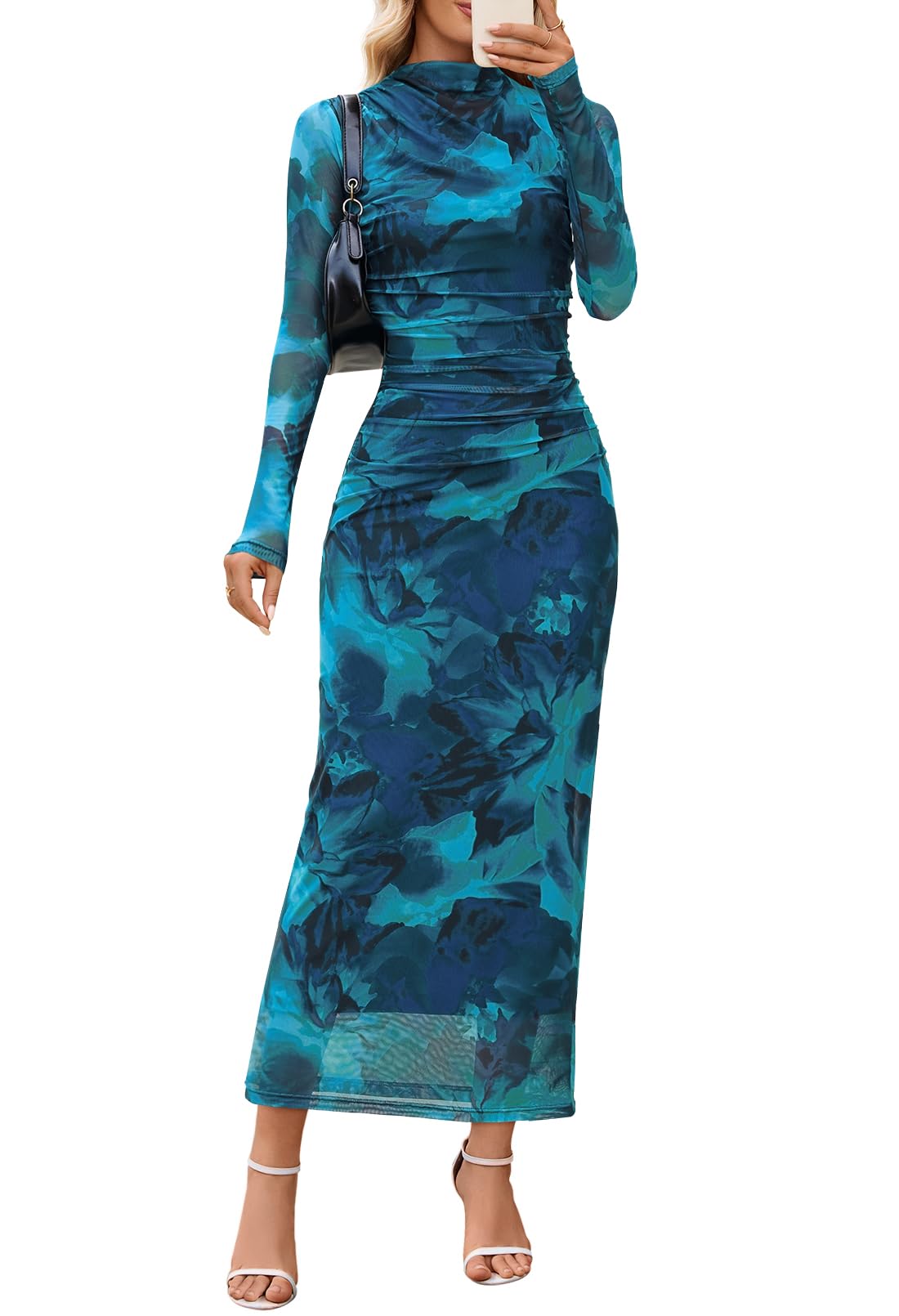 Photo 1 of MEROKEETY Women's Long Sleeve Fall Wedding Guest Dress 2025 Bodycon Floral Mesh Ruched Cocktail Maxi Dresses, Teal, M