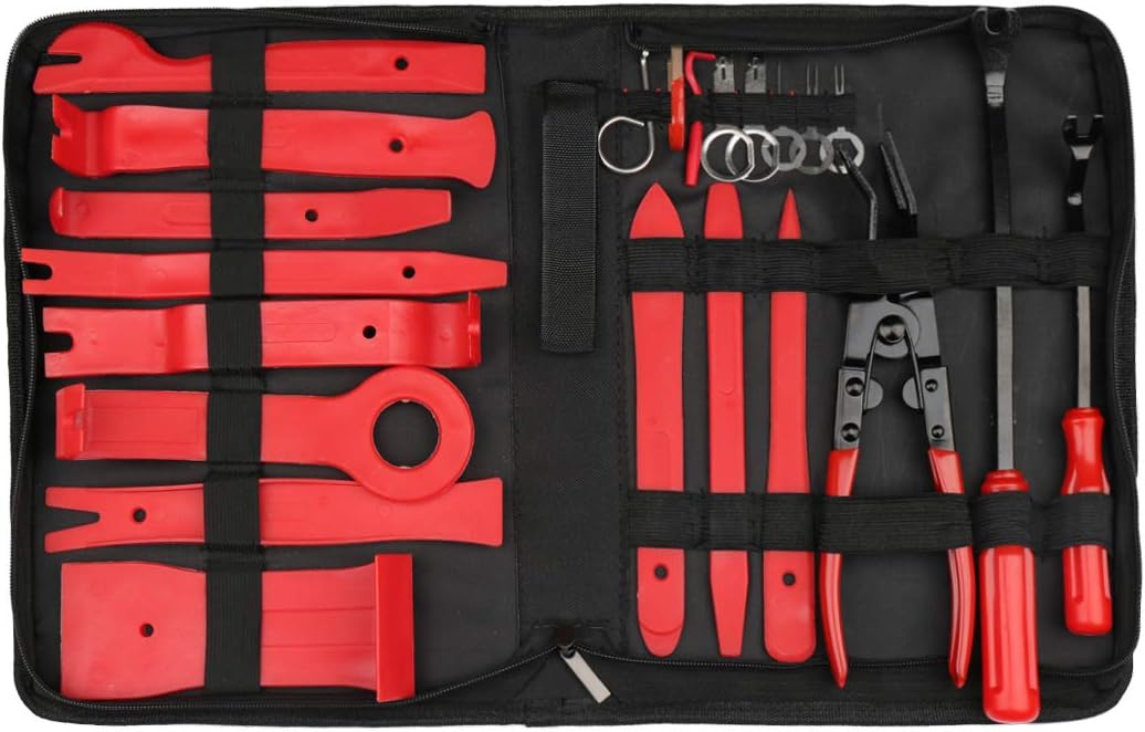 uxcell Car Trim Removal Tool Set Nylon Red Panel Dash Audio Radio Tire Valve Repair Kits 22 in 1